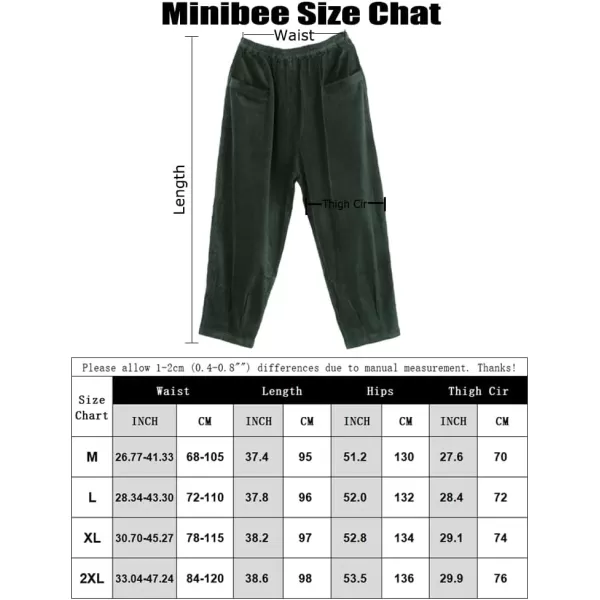 Minibee Womens Corduroy Baggy Pants Elastic Waist Loose Harem Pant Cotton Wide Leg Trousers with PocketsGreen