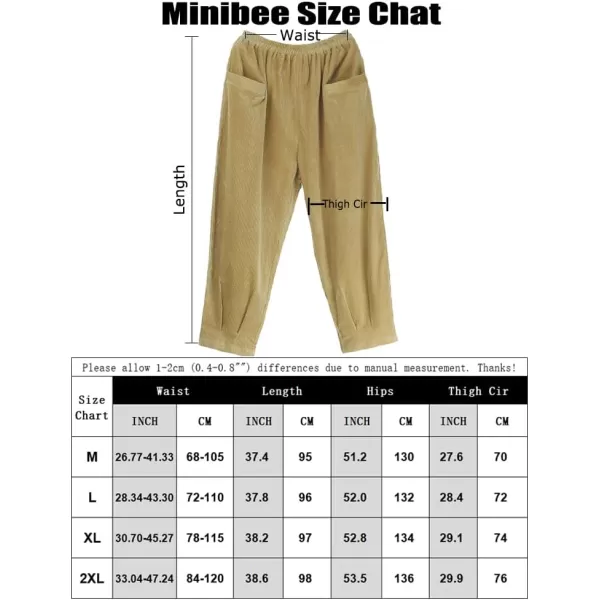 Minibee Womens Corduroy Baggy Pants Elastic Waist Loose Harem Pant Cotton Wide Leg Trousers with PocketsLight Khaki