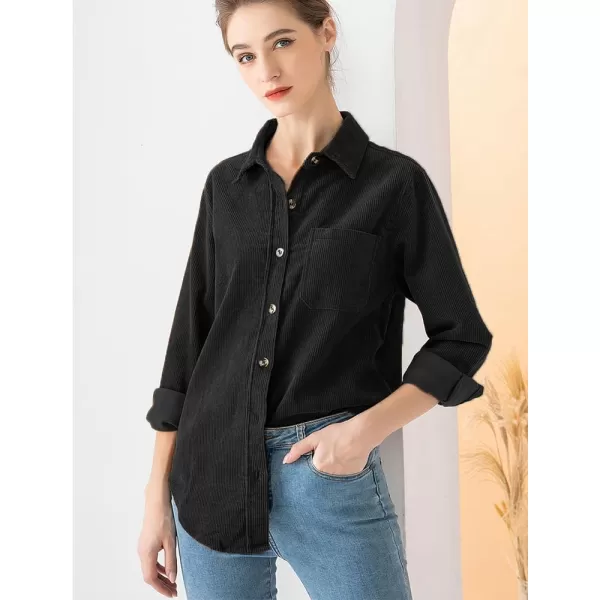 Minibee Womens Corduroy Jacket Button Down tops Casual Shacket Long Sleeve CoatsBlack