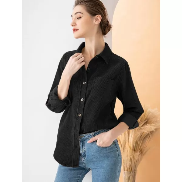 Minibee Womens Corduroy Jacket Button Down tops Casual Shacket Long Sleeve CoatsBlack