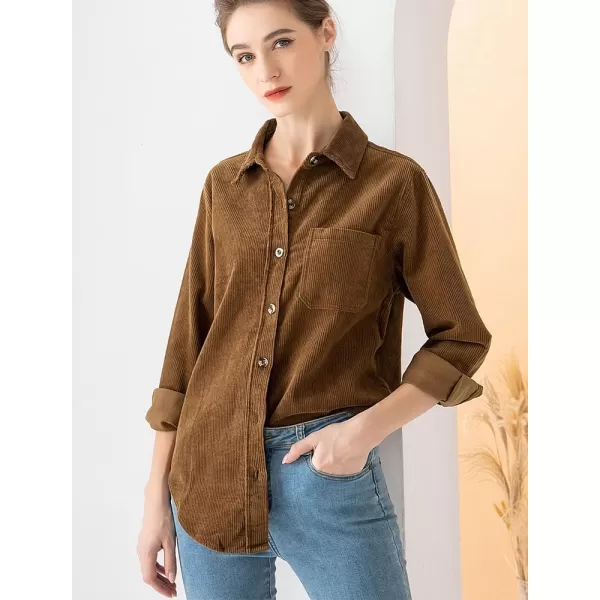 Minibee Womens Corduroy Jacket Button Down tops Casual Shacket Long Sleeve CoatsBrown