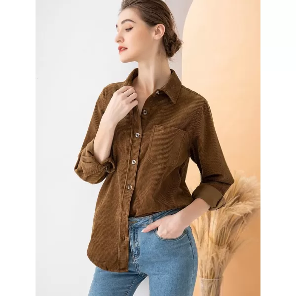 Minibee Womens Corduroy Jacket Button Down tops Casual Shacket Long Sleeve CoatsBrown