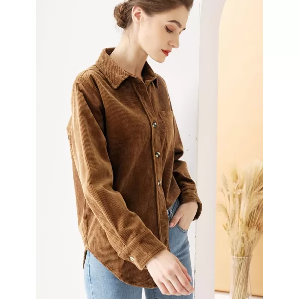 Minibee Womens Corduroy Jacket Button Down tops Casual Shacket Long Sleeve CoatsBrown