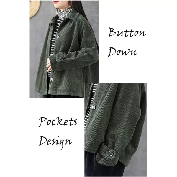 Minibee Womens Corduroy Jackets Long Sleeve Coats Button Down Outwear Tops with PocketsArmygreen