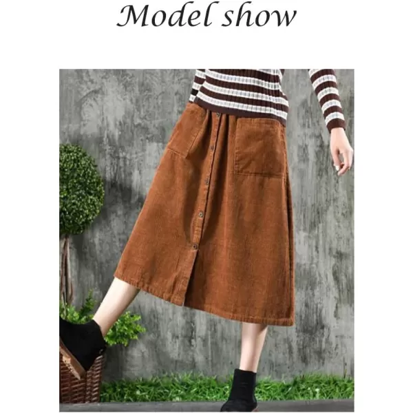 Minibee Womens Corduroy Midi Skirt Front Split Buttons Decoration ALine DressBrown