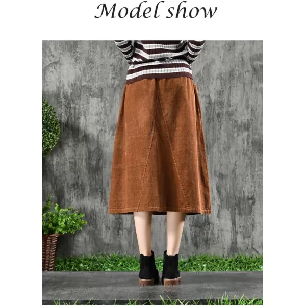 Minibee Womens Corduroy Midi Skirt Front Split Buttons Decoration ALine DressBrown