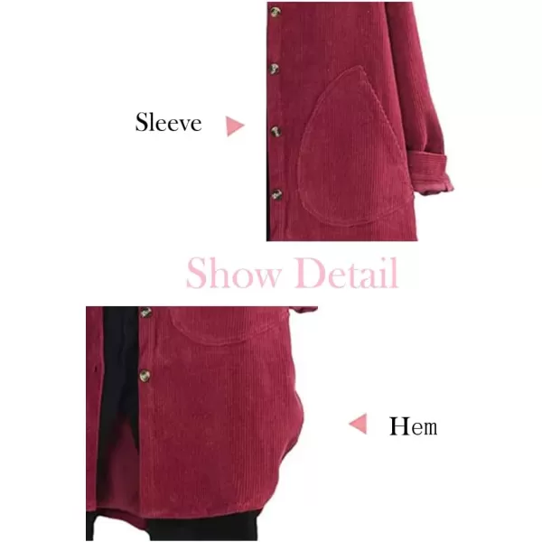 Minibee Womens Corduroy Shirt Coats Long Sleeve Button Down Blouses Tops with PocketsWine Red