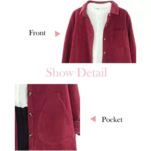 Minibee Womens Corduroy Shirt Coats Long Sleeve Button Down Blouses Tops with PocketsWine Red