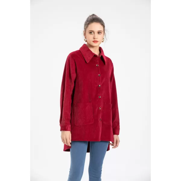 Minibee Womens Corduroy Shirt Jacket Shacket Button Down Long Sleeve Oversized Blouse Coats with PocketsRed