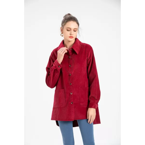 Minibee Womens Corduroy Shirt Jacket Shacket Button Down Long Sleeve Oversized Blouse Coats with PocketsRed