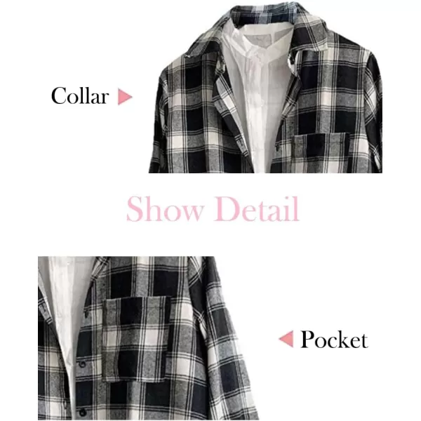 Minibee Womens Cotton Blouses Tops Plaid Long Sleeve High Low Button Down Shirts TunicBlack