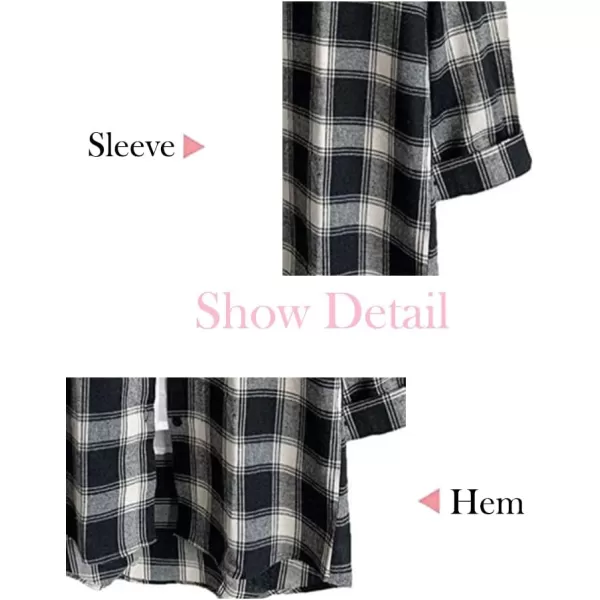 Minibee Womens Cotton Blouses Tops Plaid Long Sleeve High Low Button Down Shirts TunicBlack