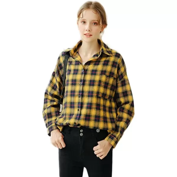 Minibee Womens Cotton Blouses Tops Plaid Long Sleeve High Low Button Down Shirts TunicYellow