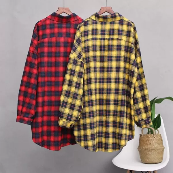 Minibee Womens Cotton Blouses Tops Plaid Long Sleeve High Low Button Down Shirts TunicYellow