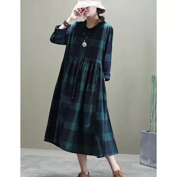 Minibee Womens Cotton Dress Long Sleeve Midi Loose Plaid Tunic Dresses Casual Crew Neck Shirt Dress with PocketsMinibee Womens Cotton Dress Long Sleeve Midi Loose Plaid Tunic Dresses Casual Crew Neck Shirt Dress with Pockets