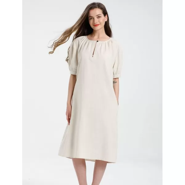 Minibee Womens Cotton Linen Dress Short Sleeve Midi Casual Plus Size Tunic Dress with PocketsBeige