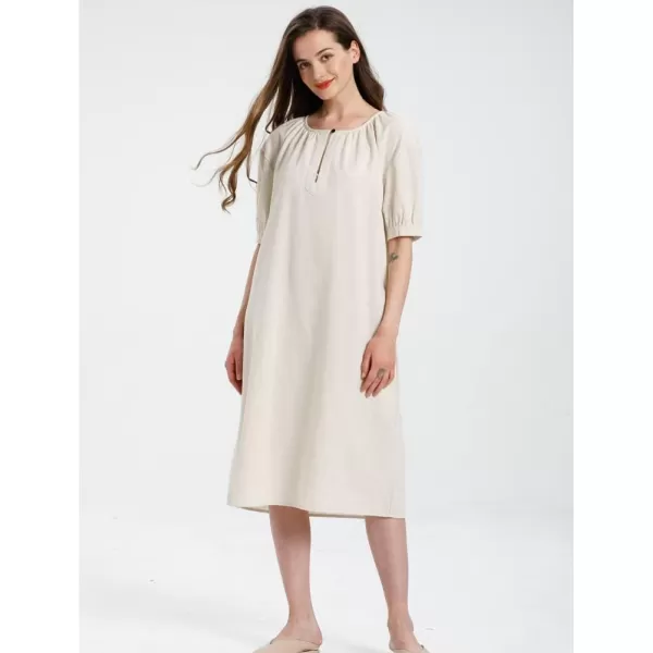 Minibee Womens Cotton Linen Dress Short Sleeve Midi Casual Plus Size Tunic Dress with PocketsBeige