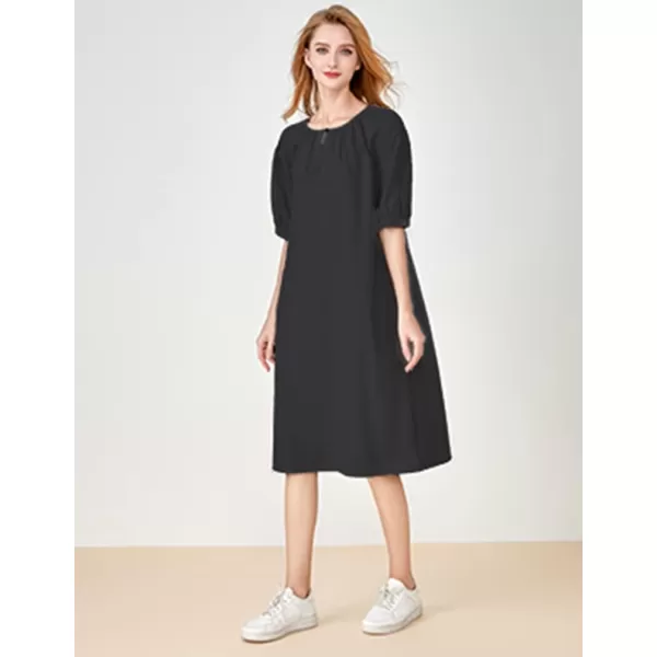 Minibee Womens Cotton Linen Dress Short Sleeve Midi Casual Plus Size Tunic Dress with PocketsBlack