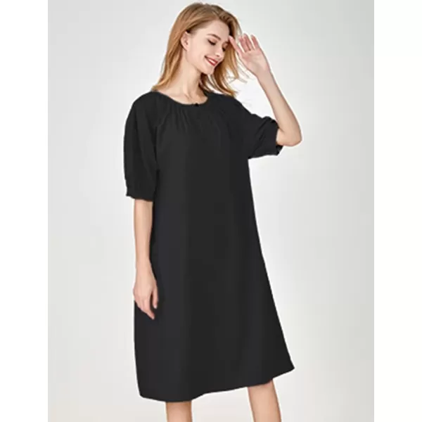 Minibee Womens Cotton Linen Dress Short Sleeve Midi Casual Plus Size Tunic Dress with PocketsBlack