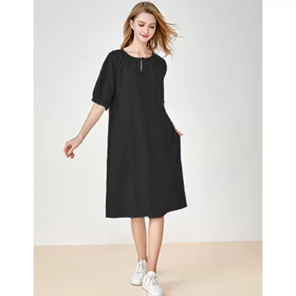 Minibee Womens Cotton Linen Dress Short Sleeve Midi Casual Plus Size Tunic Dress with PocketsBlack