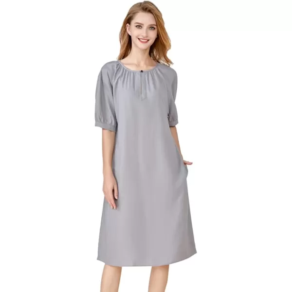 Minibee Womens Cotton Linen Dress Short Sleeve Midi Casual Plus Size Tunic Dress with PocketsGray