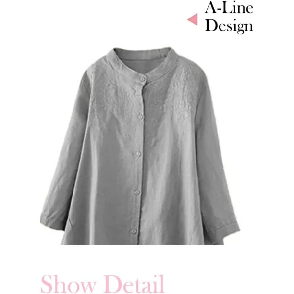 Minibee Womens Cotton Linen Shirt High Low Button Down Embroidered Blouse Long Sleeve Tunic TopsGrey