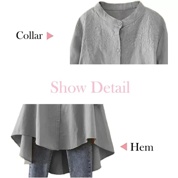 Minibee Womens Cotton Linen Shirt High Low Button Down Embroidered Blouse Long Sleeve Tunic TopsGrey