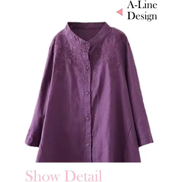 Minibee Womens Cotton Linen Shirt High Low Button Down Embroidered Blouse Long Sleeve Tunic TopsPurple