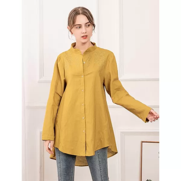 Minibee Womens Cotton Linen Shirt High Low Button Down Embroidered Blouse Long Sleeve Tunic TopsYellow