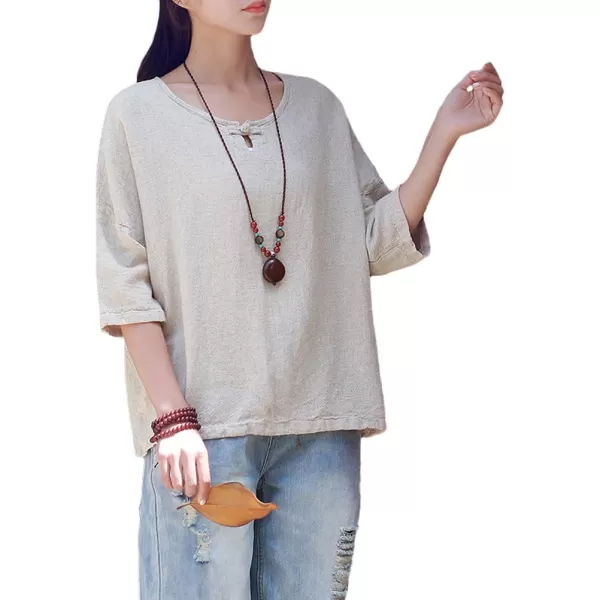 Minibee Womens Elbow Sleeve Linen Tunic Tops Solid Color Retro BlouseOffwhite