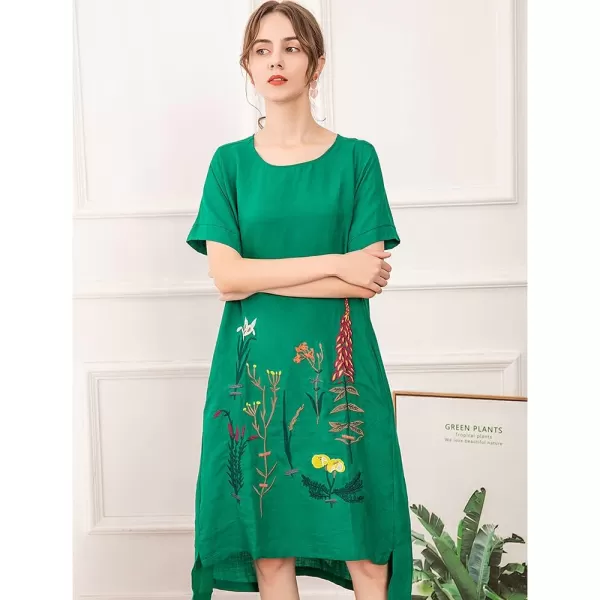 Minibee Womens Embroidered Linen Dress Summer ALine Sundress Hi Low Tunic ClothingGreen