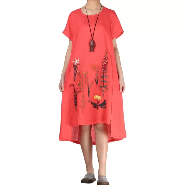 Minibee Womens Embroidered Linen Dress Summer ALine Sundress Hi Low Tunic ClothingStyle1 Red