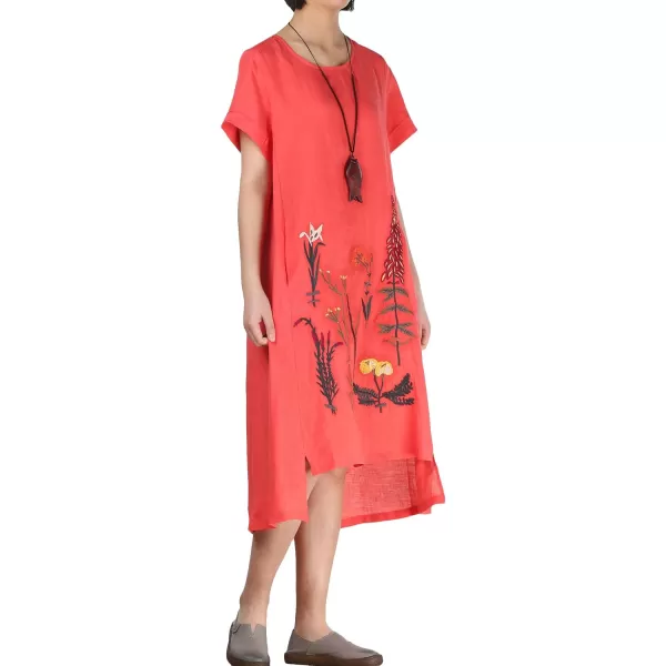 Minibee Womens Embroidered Linen Dress Summer ALine Sundress Hi Low Tunic ClothingStyle1 Red