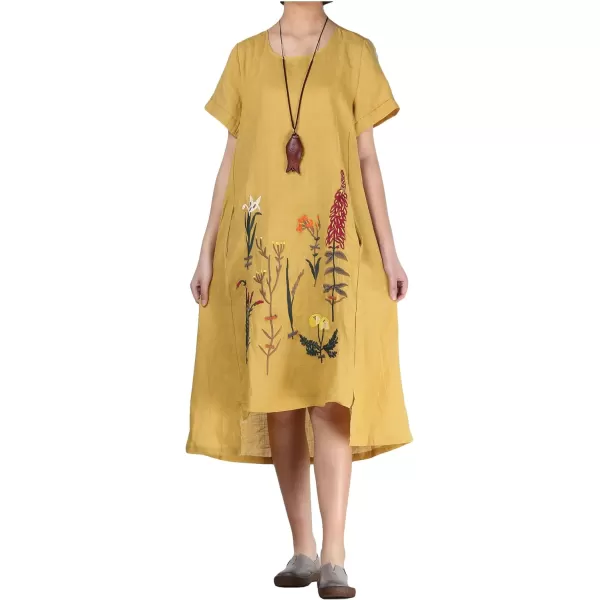 Minibee Womens Embroidered Linen Dress Summer ALine Sundress Hi Low Tunic ClothingYellow