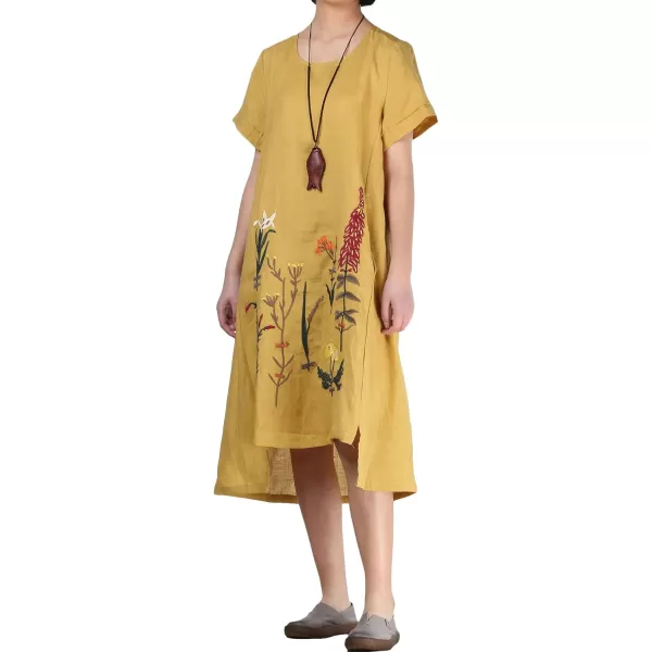 Minibee Womens Embroidered Linen Dress Summer ALine Sundress Hi Low Tunic ClothingYellow