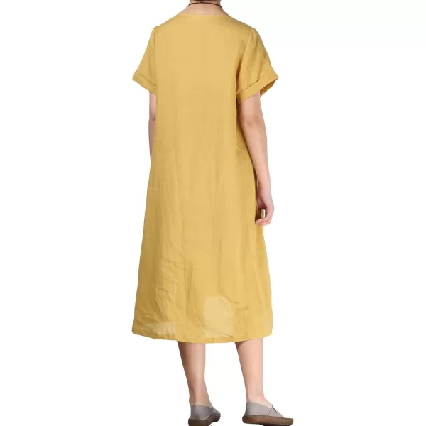 Minibee Womens Embroidered Linen Dress Summer ALine Sundress Hi Low Tunic ClothingYellow