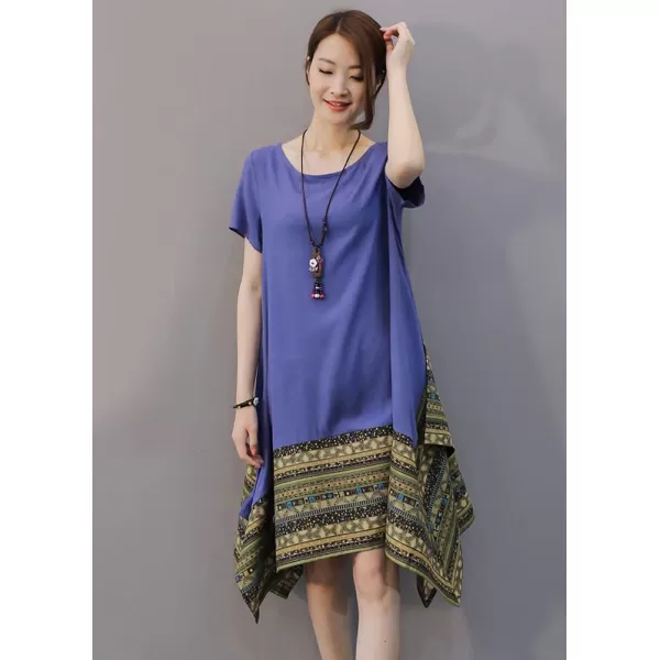 Minibee Womens Ethnic Cotton Linen ShortLong Sleeves Irregular DressBlue