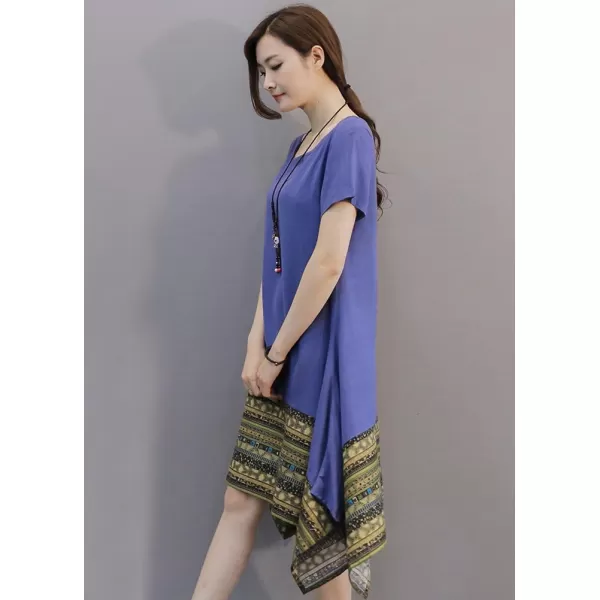 Minibee Womens Ethnic Cotton Linen ShortLong Sleeves Irregular DressBlue