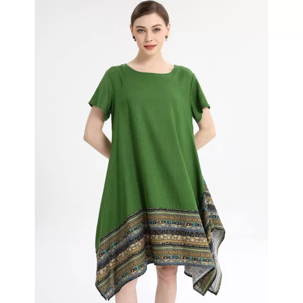 Minibee Womens Ethnic Cotton Linen ShortLong Sleeves Irregular DressGreen