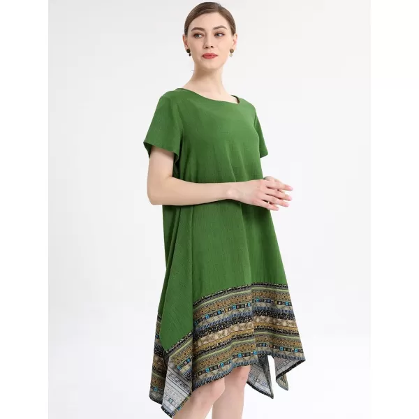 Minibee Womens Ethnic Cotton Linen ShortLong Sleeves Irregular DressGreen