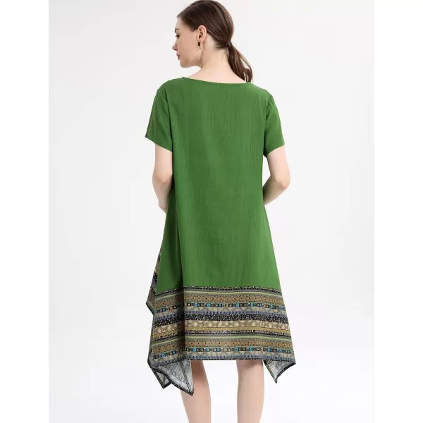 Minibee Womens Ethnic Cotton Linen ShortLong Sleeves Irregular DressGreen