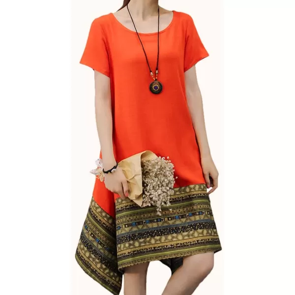 Minibee Womens Ethnic Cotton Linen ShortLong Sleeves Irregular DressOrange