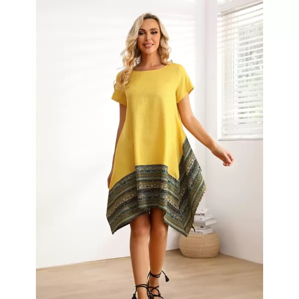 Minibee Womens Ethnic Cotton Linen ShortLong Sleeves Irregular DressYellow