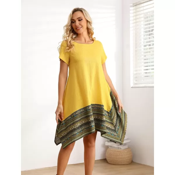 Minibee Womens Ethnic Cotton Linen ShortLong Sleeves Irregular DressYellow