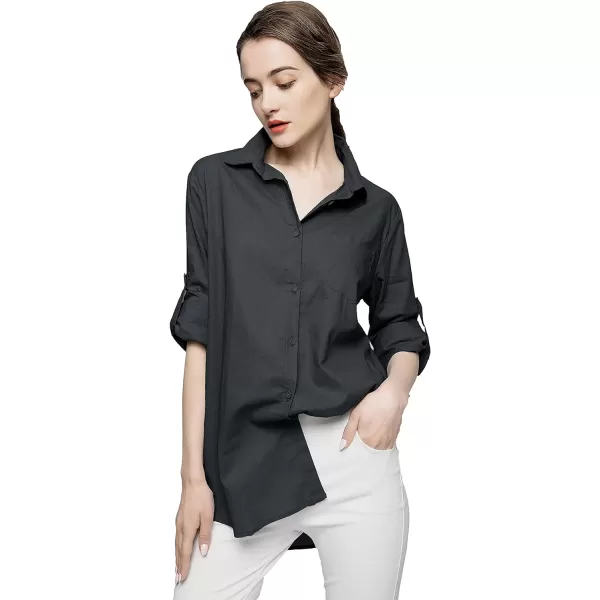 Minibee Womens Linen Blouse High Low Shirt RollUp Sleeve TopsBlack