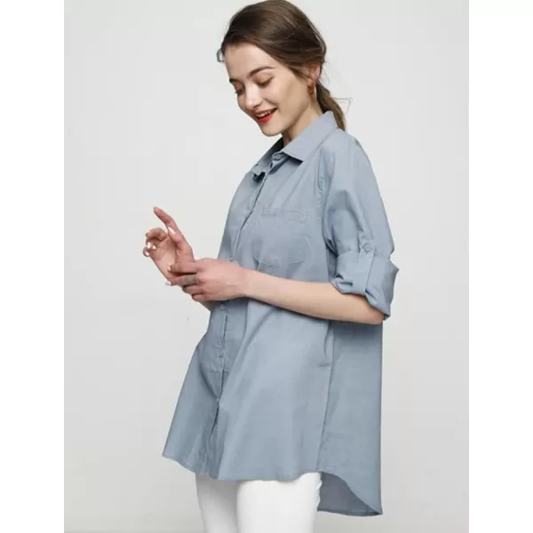 Minibee Womens Linen Blouse High Low Shirt RollUp Sleeve TopsBlue