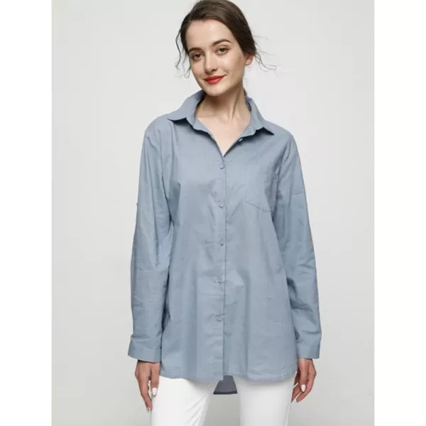 Minibee Womens Linen Blouse High Low Shirt RollUp Sleeve TopsBlue