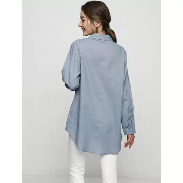 Minibee Womens Linen Blouse High Low Shirt RollUp Sleeve TopsBlue