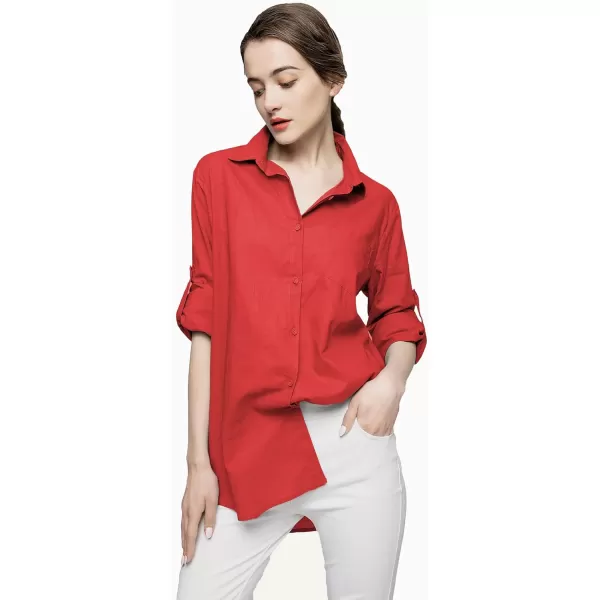 Minibee Womens Linen Blouse High Low Shirt RollUp Sleeve TopsRed