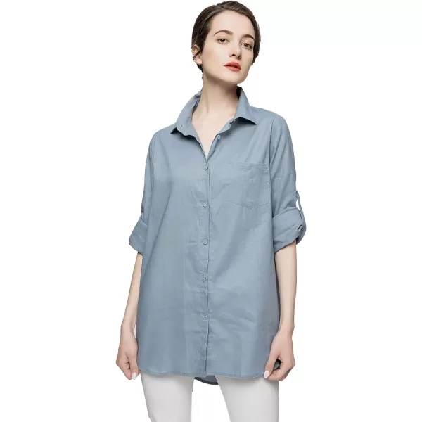 Minibee Womens Linen Blouse High Low Shirt RollUp Sleeve TopsWhite